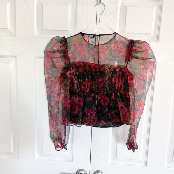 Zara Red Floral Organza Sheer Floral Frill Puff Sleeve Blouse * - Picture 10 of 11